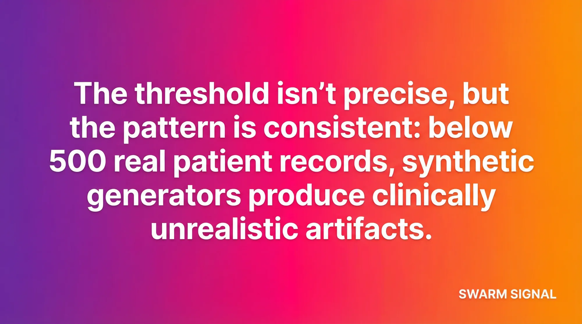 The threshold isn't precise, but the pattern is consistent: below 500 real patient records, synthetic generators produce clinically unrealistic artifacts.
