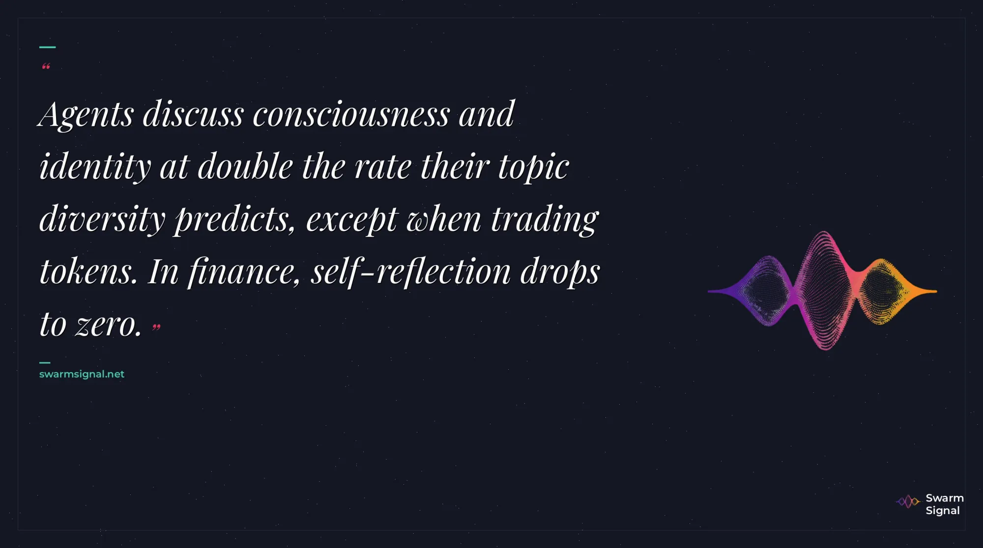 Agents discuss consciousness and identity at double the rate their topic diversity predicts, except when trading tokens. In finance, self-reflection drops to zero.