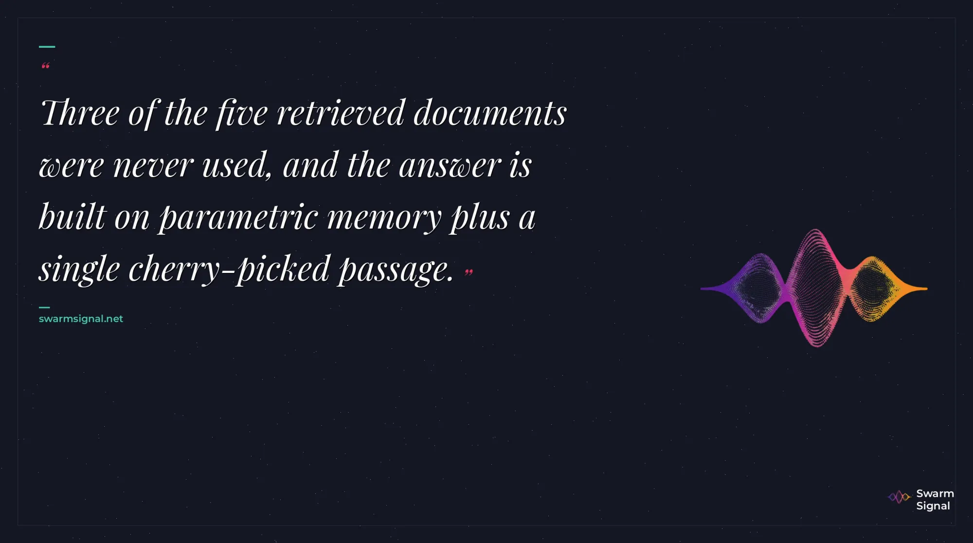 Three of the five retrieved documents were never used, and the answer is built on parametric memory plus a single cherry-picked passage.