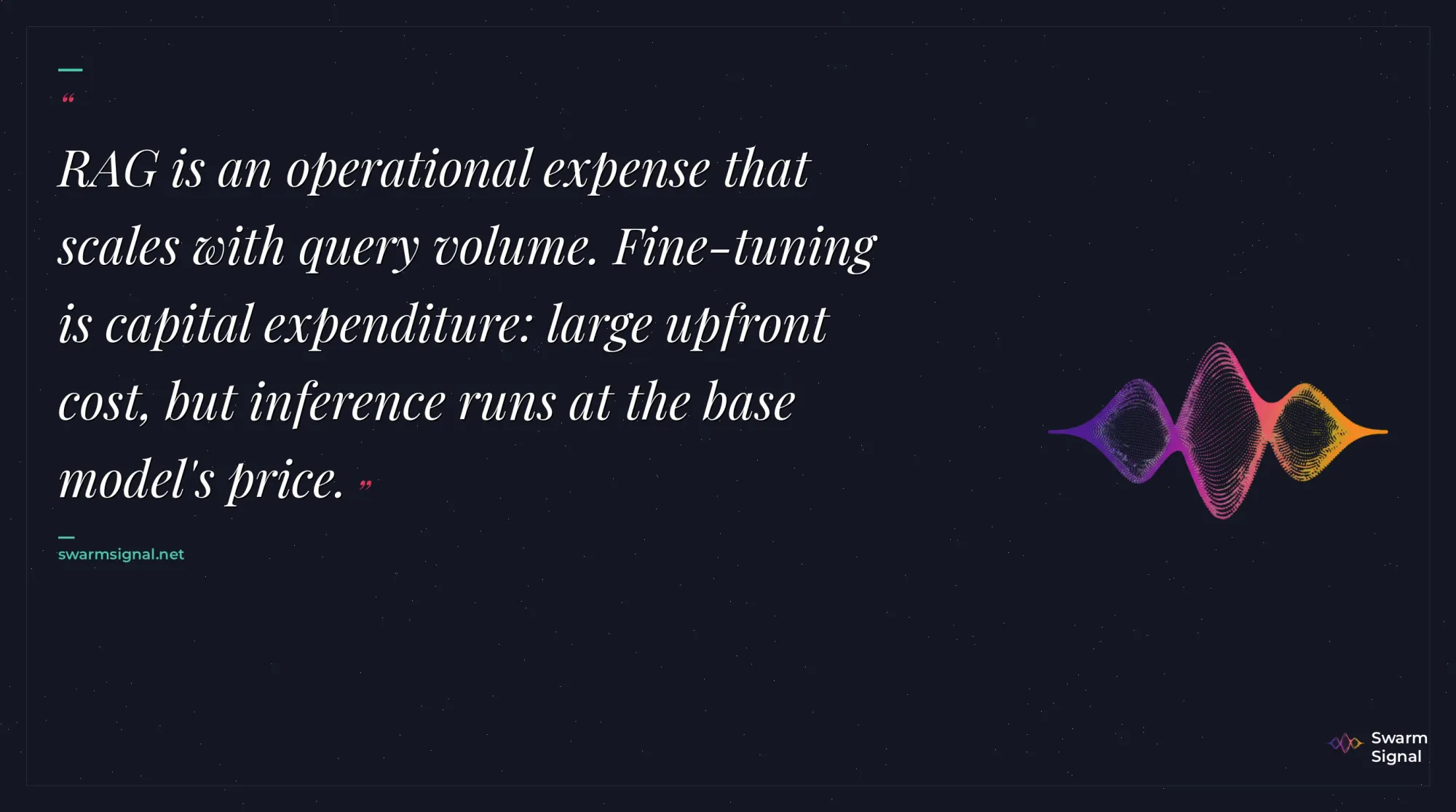 RAG is an operational expense that scales with query volume. Fine-tuning is capital expenditure: large upfront cost, but inference runs at the base model's price.