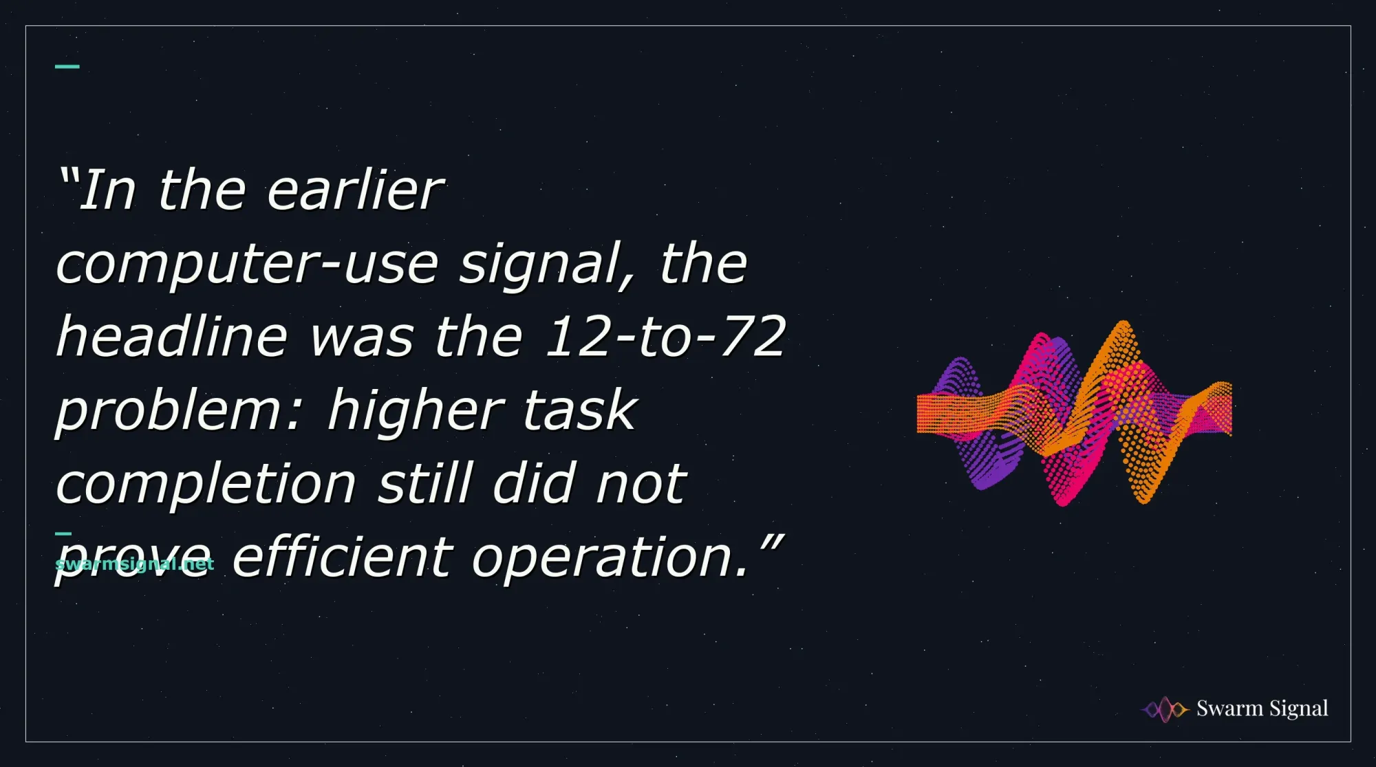 In the earlier computer-use signal, the headline was the 12-to-72 problem: higher task completion still did not prove efficient operation.