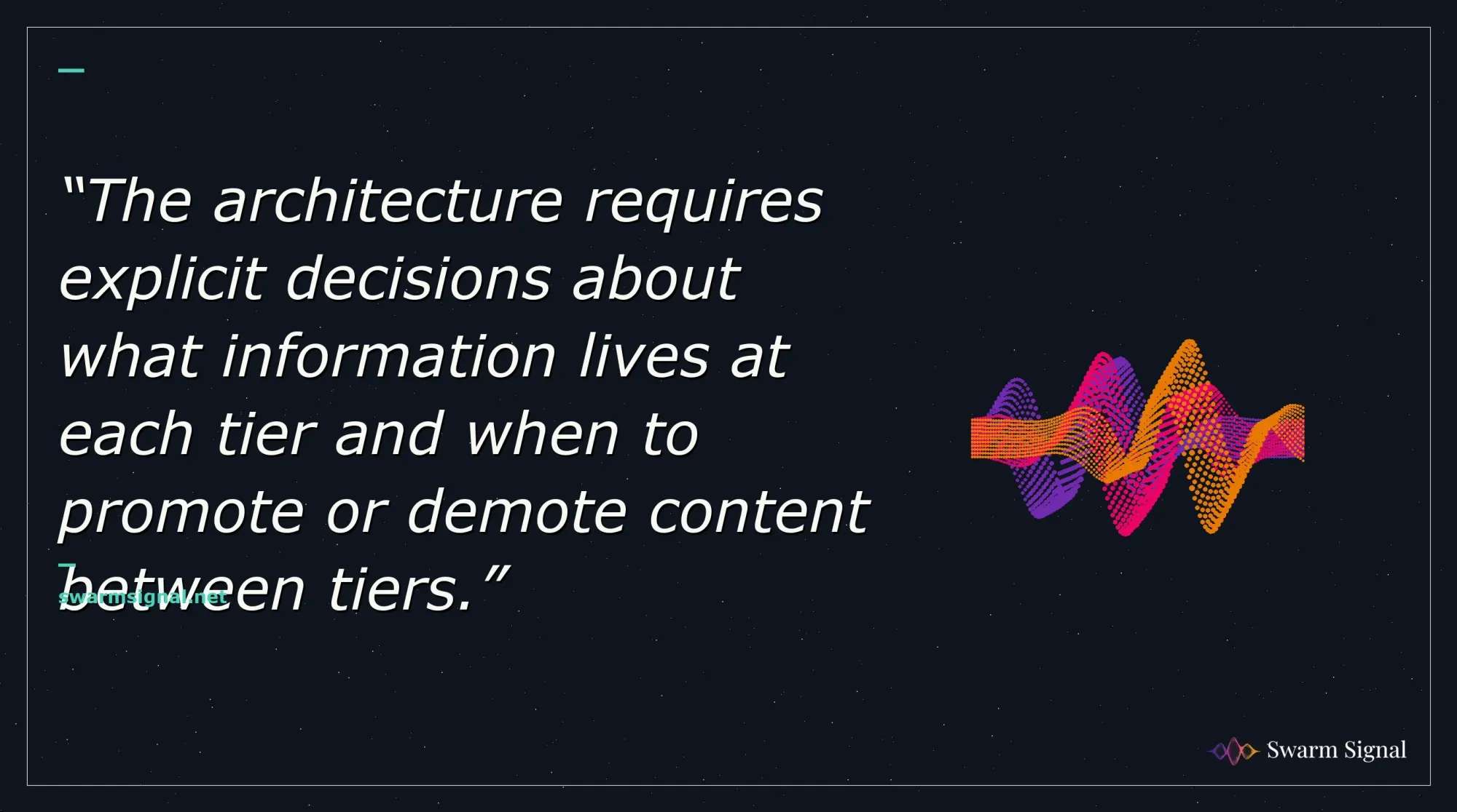 The architecture requires explicit decisions about what information lives at each tier and when to promote or demote content between tiers.