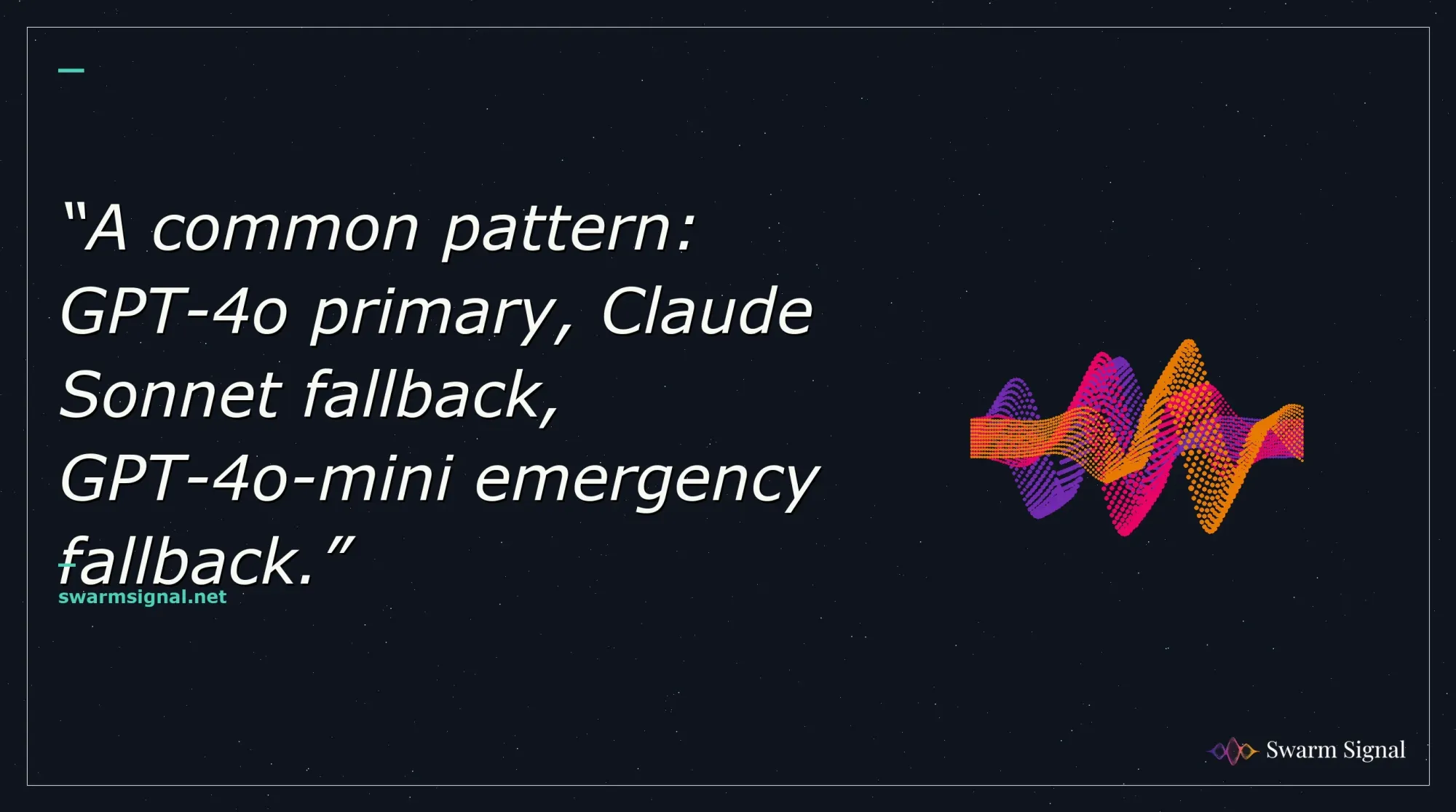 A common pattern: GPT-4o primary, Claude Sonnet fallback, GPT-4o-mini emergency fallback.