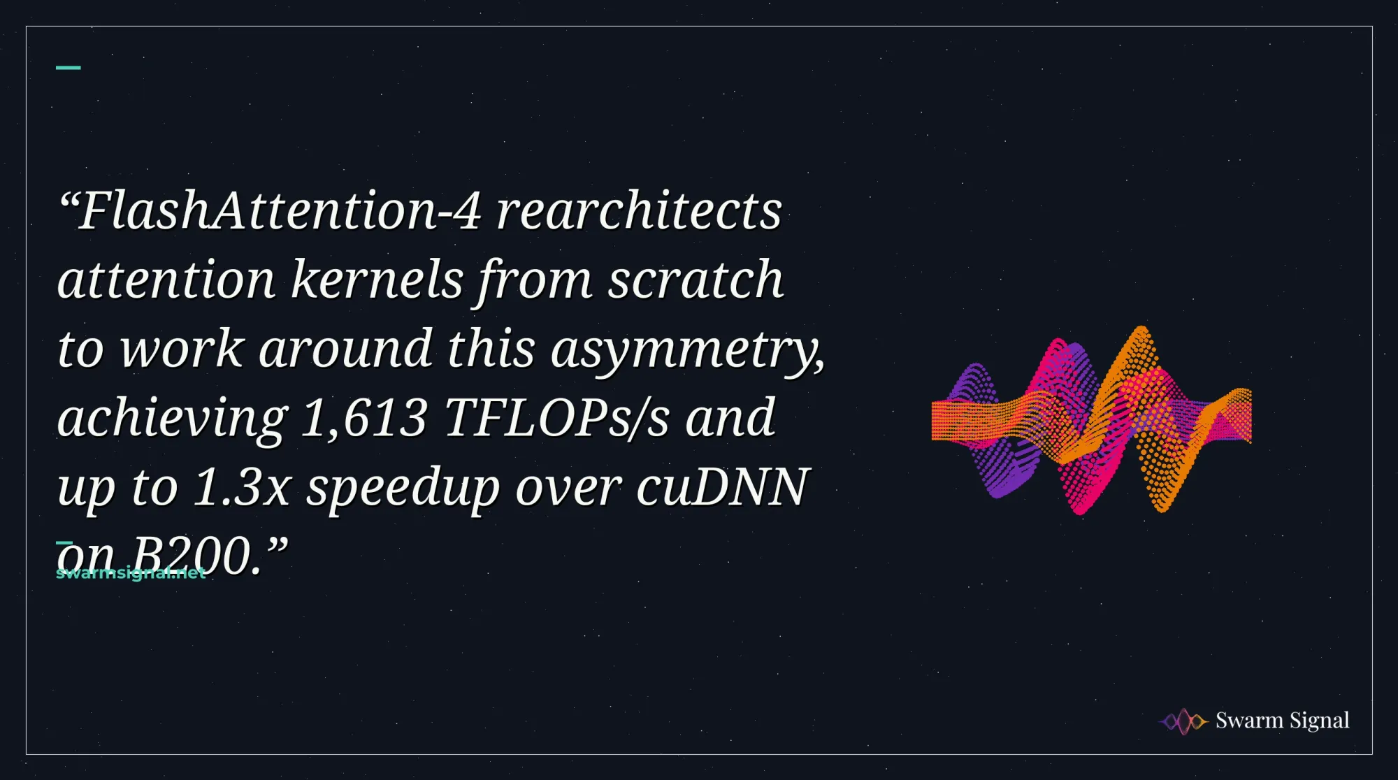 FlashAttention-4 rearchitects attention kernels from scratch to work around this asymmetry, achieving 1,613 TFLOPs/s and up to 1.3x speedup over cuDNN on B200.