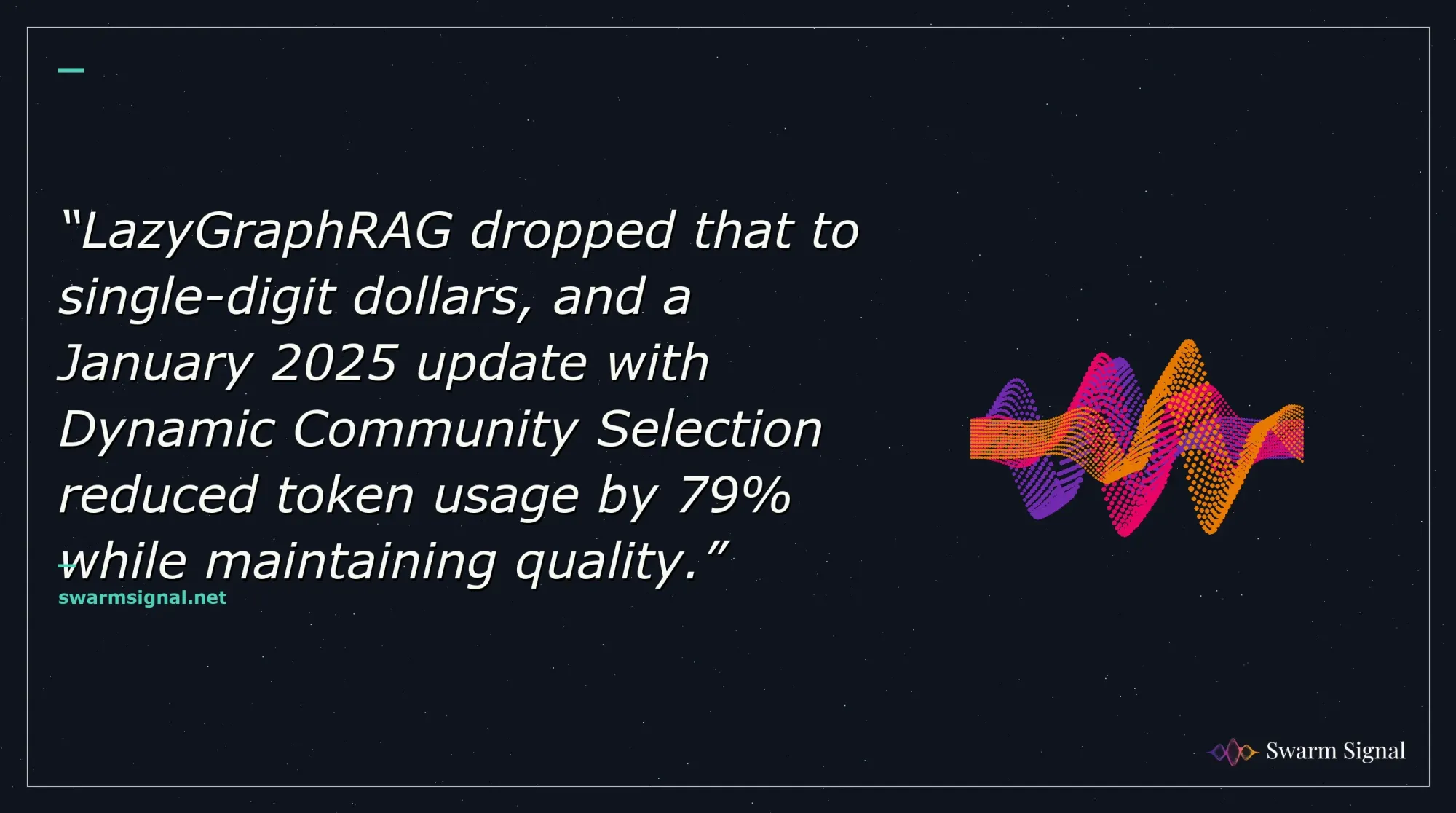 LazyGraphRAG dropped that to single-digit dollars, and a January 2025 update with Dynamic Community Selection reduced token usage by 79% while maintaining quality.