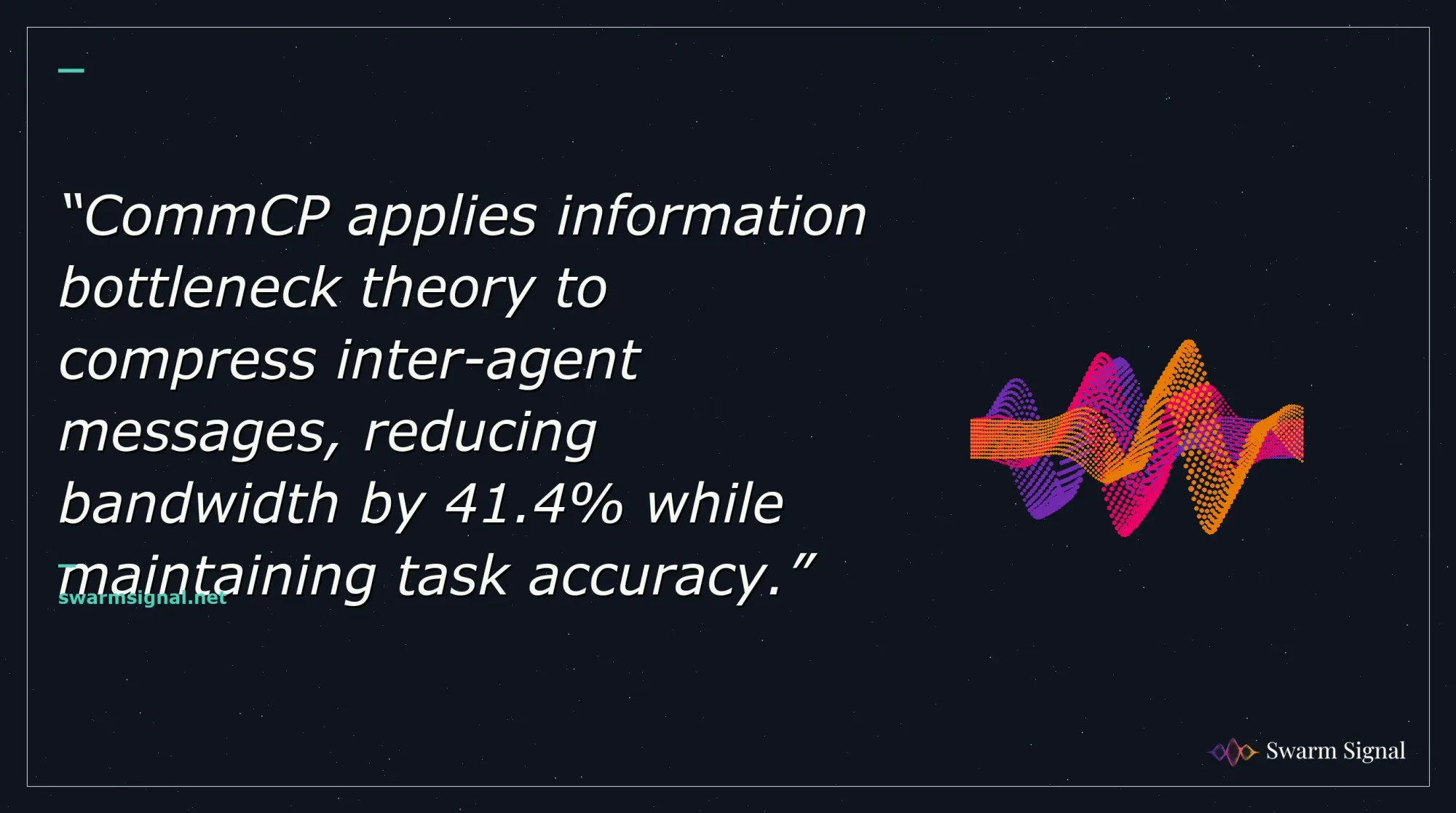 CommCP applies information bottleneck theory to compress inter-agent messages, reducing bandwidth by 41.4% while maintaining task accuracy.