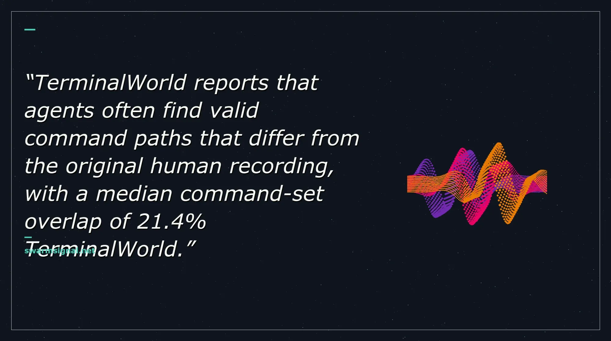TerminalWorld reports that agents often find valid command paths that differ from the original human recording, with a median command-set overlap of 21.4% TerminalWorld.