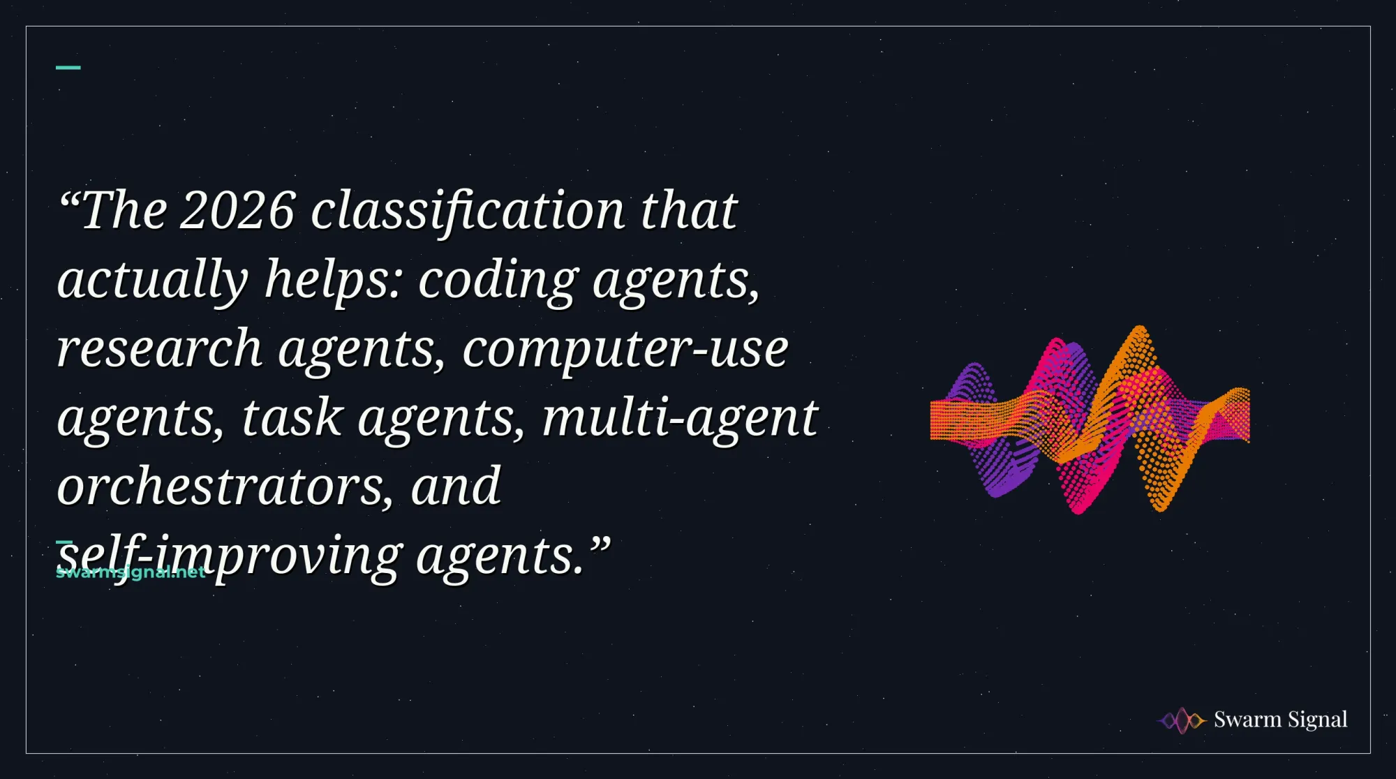 The 2026 classification that actually helps: coding agents, research agents, computer-use agents, task agents, multi-agent orchestrators, and self-improving agents.