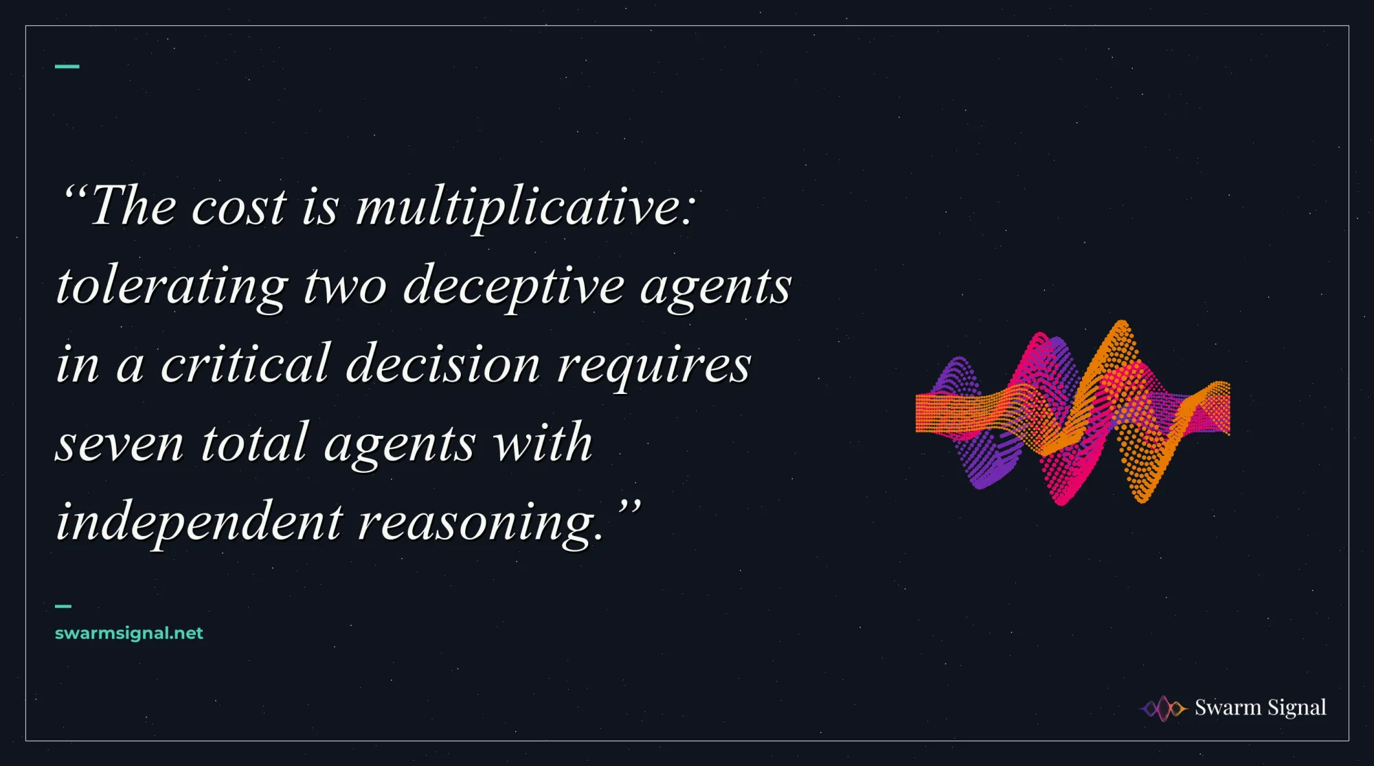 The cost is multiplicative: tolerating two deceptive agents in a critical decision requires seven total agents with independent reasoning.
