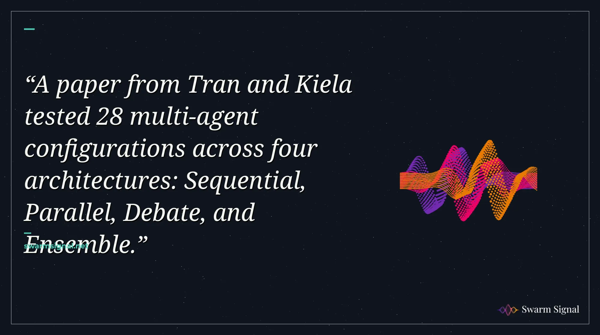 A paper from Tran and Kiela tested 28 multi-agent configurations across four architectures: Sequential, Parallel, Debate, and Ensemble.