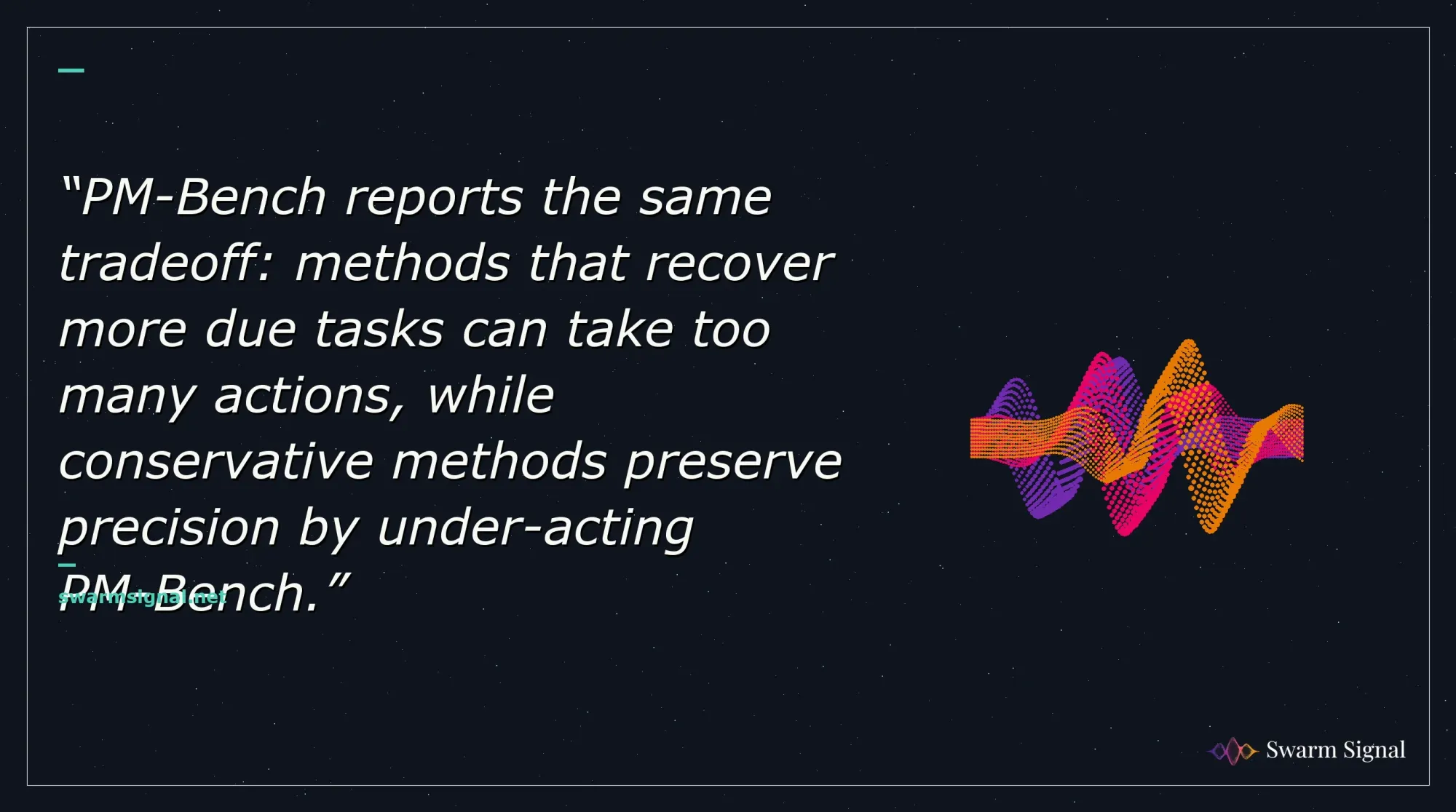 PM-Bench reports the same tradeoff: methods that recover more due tasks can take too many actions, while conservative methods preserve precision by under-acting PM-Bench.