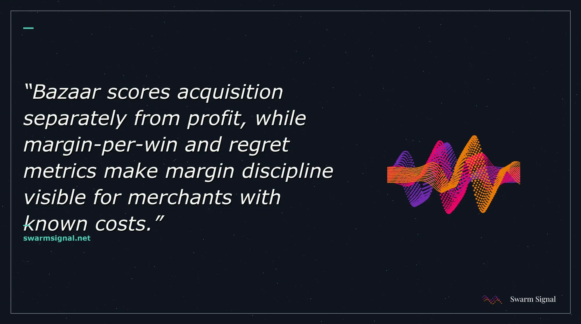 Bazaar scores acquisition separately from profit, while margin-per-win and regret metrics make margin discipline visible for merchants with known costs.